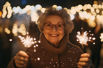 Portrait of happy senior woman celebrating Christmas with sparklers