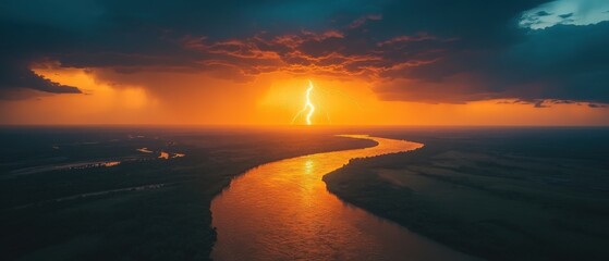 Wall Mural - Lightning's Fury, a dramatic storm unleashes a powerful bolt illuminating a turbulent river beneath a brooding sky.