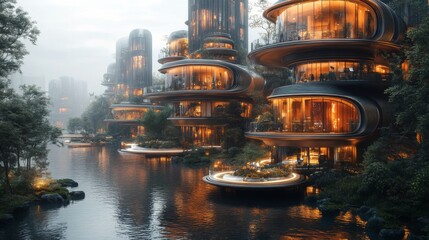 Poster - Unique modern buildings rise gracefully along a tranquil waterway, featuring warm lighting and extensive greenery, creating a peaceful evening ambiance.