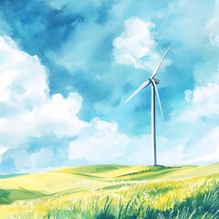 Poster - Watercolor Painting of a Wind Turbine in a Field.