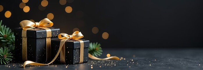 Wall Mural - two black gift boxes with golden bows on a dark background with blurred bokeh and fir branches. bann