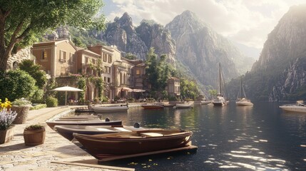 Poster - Serene lakeside village with boats and mountains in the background.