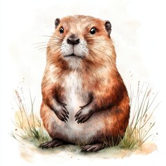 A cute illustration of a groundhog standing in a field of grass.