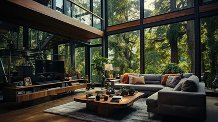 Wall Mural - Modern living room with large windows overlooking a lush forest, featuring a comfortable couch, a wooden coffee table, and a flat-screen television.