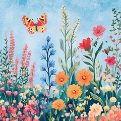 Canvas Print - Watercolor Painting of a Butterfly and Flowers in a Field.