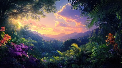 Wall Mural - Summer evening scene showcasing lush greenery and vibrant foliage under a softly illuminated sky