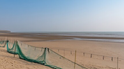 Wall Mural - A serene beach scene with fishing nets and calm waters under a clear sky.