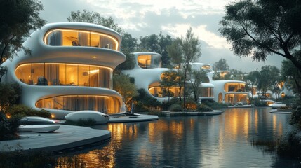 Curved, modern residences line a tranquil waterway, illuminated by soft indoor lighting as twilight casts a gentle glow over the area.