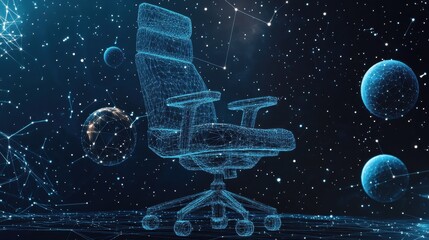 Wall Mural - Abstract image of a office chair low poly in the form of a starry sky or space, consisting of points, lines, and shapes in the form of planets, stars and the universe. Vector wireframe concept.