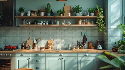 Wall Mural - A modern kitchen with a green tiled backsplash, wooden shelves, and sunlight streaming in the window.