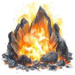 Canvas Print - Watercolor Illustration of a Fiery Bonfire with Burning Embers.