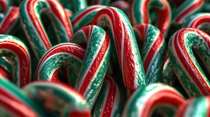 A vibrant collection of red and green candy canes, perfect for holiday themes and festive decorations.