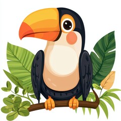 Cute toucan sitting on a branch with leaves, vibrant colors, white isolated background.