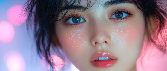 Closeup Portrait of a Young Woman with Sparkly Makeup and Pink Lights, Closeup Portrait of a Young Woman with Sparkly Makeup and Pink L