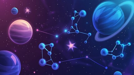 Wall Mural - A colorful illustration of planets, stars, and constellations in space.