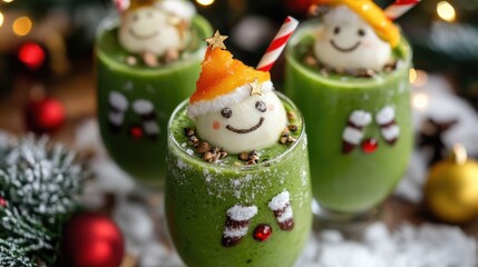 Healthy Christmas food idea featuring green smoothies adorned with festive decorations