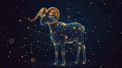 Wall Mural - Abstract image of a ram in the form of a starry sky or space, consisting of points, lines, and shapes in the form of planets, stars and the universe. Vector eid al adha concept