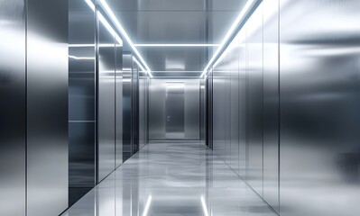  A modern and minimalist stainless steel office corridor with LED lights.
