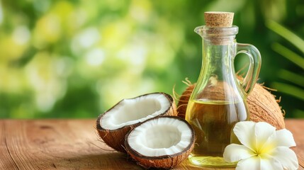 Glass bottle filled with coconut oil alongside coconut flowers on a wooden table set against a backdrop of a natural coconut plantation highlighting healthy cooking options