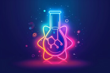 A vibrant neon laboratory flask icon with molecular structure design on a dark background, ideal for science and innovation themes.