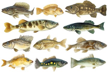 Canvas Print - Watercolor Illustration of Ten Different Species of Fish.