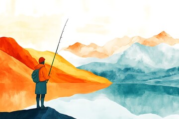 Wall Mural - Watercolor Illustration of a Fisherman on a Mountain Lake.