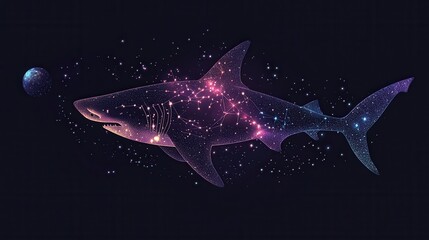 Wall Mural - Abstract image of a shark in the form of a starry sky or space, consisting of points, lines, and shapes in the form of planets, stars and the universe. Vector animal concept