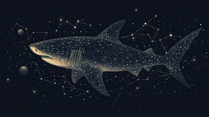Wall Mural - Abstract image of a shark in the form of a starry sky or space, consisting of points, lines, and shapes in the form of planets, stars and the universe. Vector animal concept