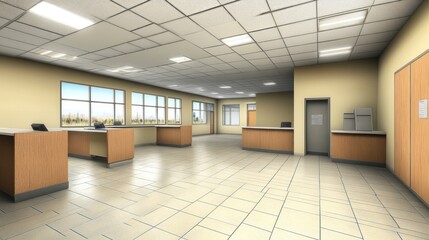 Wall Mural - A spacious office interior with reception desks and large windows for natural light.