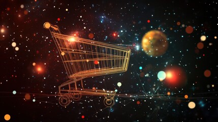 Wall Mural - Abstract image of a shopping cart in the form of a starry sky or space, consisting of points, lines, and shapes in the form of planets, stars and the universe. Vector business.
