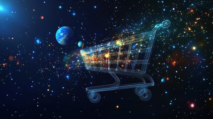 Wall Mural - Abstract image of a shopping cart in the form of a starry sky or space, consisting of points, lines, and shapes in the form of planets, stars and the universe. Vector business.