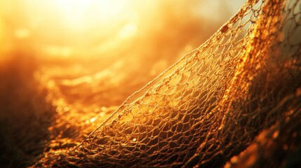 Closeup of a fishing net with warm sunlight shining through it.