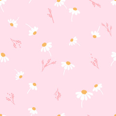 Wall Mural - Seamless pattern with daisy flower and lavender on pink background vector. Cute floral print.