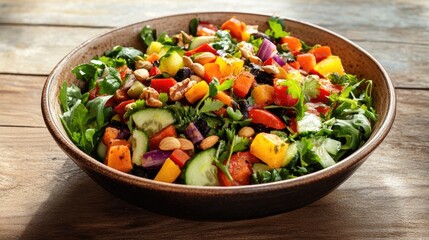 A vibrant salad bowl filled with an assortment of fresh vegetables fruits and nuts artfully presented on a rustic wooden surface