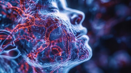 Wall Mural - abstract 3d rendering of human head with glowing nodes and lines in red/blue, resembling neural netw