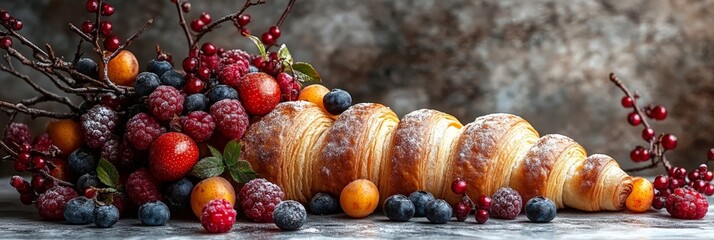 Freshly baked croissant paired with an assortment of berries and frosted branches, set against a rustic winter backdrop.