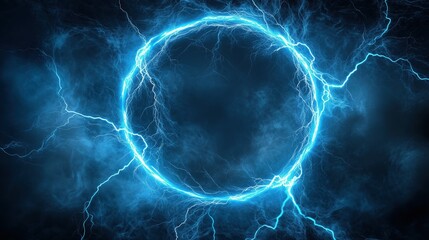 Poster - Abstract blue lightning background with a striking circular frame at the center, creating a powerful and energetic visual impact. The high-resolution and ultra-realistic details of the lightning bolts