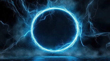 Poster - Abstract blue lightning background with a striking circular frame at the center, creating a powerful and energetic visual impact. The high-resolution and ultra-realistic details of the lightning bolts
