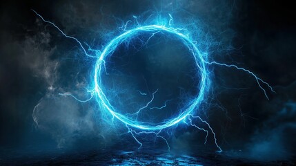 Poster - Abstract blue lightning background with a striking circular frame at the center, creating a powerful and energetic visual impact. The high-resolution and ultra-realistic details of the lightning bolts