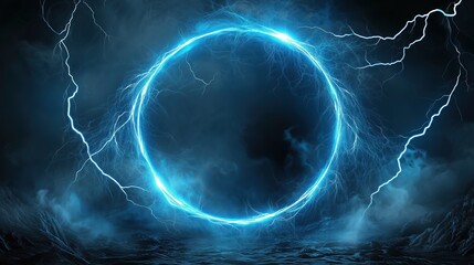 Poster - Abstract blue lightning background with a striking circular frame at the center, creating a powerful and energetic visual impact. The high-resolution and ultra-realistic details of the lightning bolts
