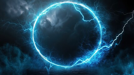 Poster - Abstract blue lightning background with a striking circular frame at the center, creating a powerful and energetic visual impact. The high-resolution and ultra-realistic details of the lightning bolts