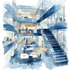 Poster - Modern office interior design with a watercolor effect.