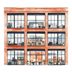 Wall Mural - Watercolor Illustration of a Brick Building with Office Windows.