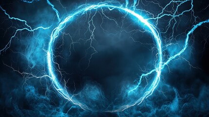 Poster - Abstract blue lightning background with a striking circular frame at the center, creating a powerful and energetic visual impact. The high-resolution and ultra-realistic details of the lightning bolts