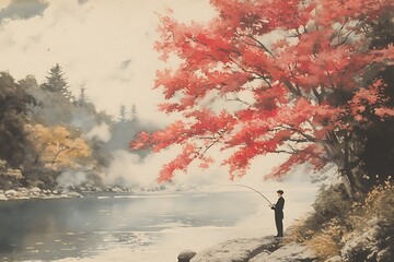 Poster - Man Fishing Under a Red Tree in a Watercolor Landscape.