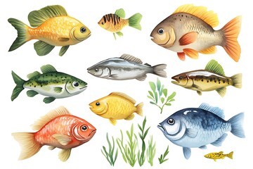 Canvas Print - Watercolor Illustration of Various Fish with Green Aquatic Plants.