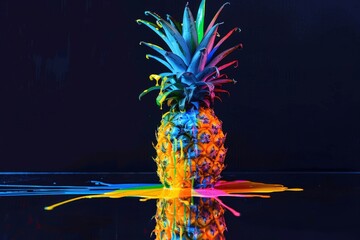 Vibrant pineapple with splashes of colorful paint on black background