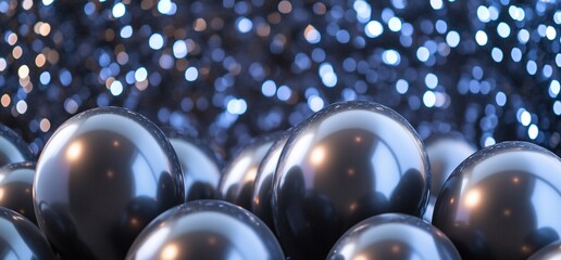 A close-up of shiny black spheres against a sparkling background.