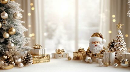 Wall Mural - Festive scene with Christmas tree, gifts, and Santa Claus