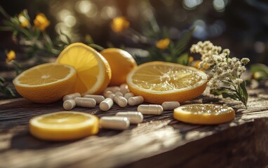 Daily Immune-Boosting Supplement: A close-up view of Vitamin C, Zinc, and Echinacea capsules arranged neatly on a wooden table